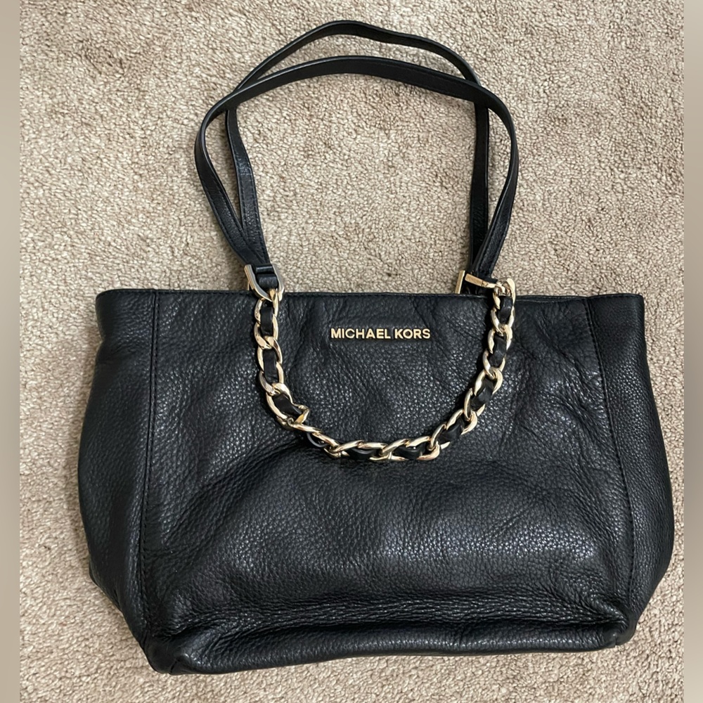 Michael Kors Harper Pebble Leather Bag Black Purse with Gold Accents & Chains